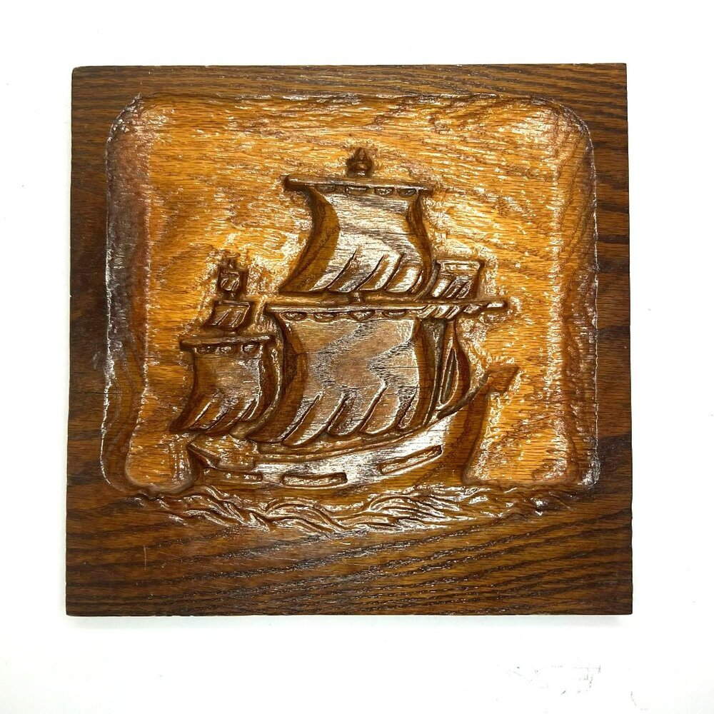 Vintage Hand-Carved Wooden Clipper Ship Relief Wall Art Nautical 11" X 11"